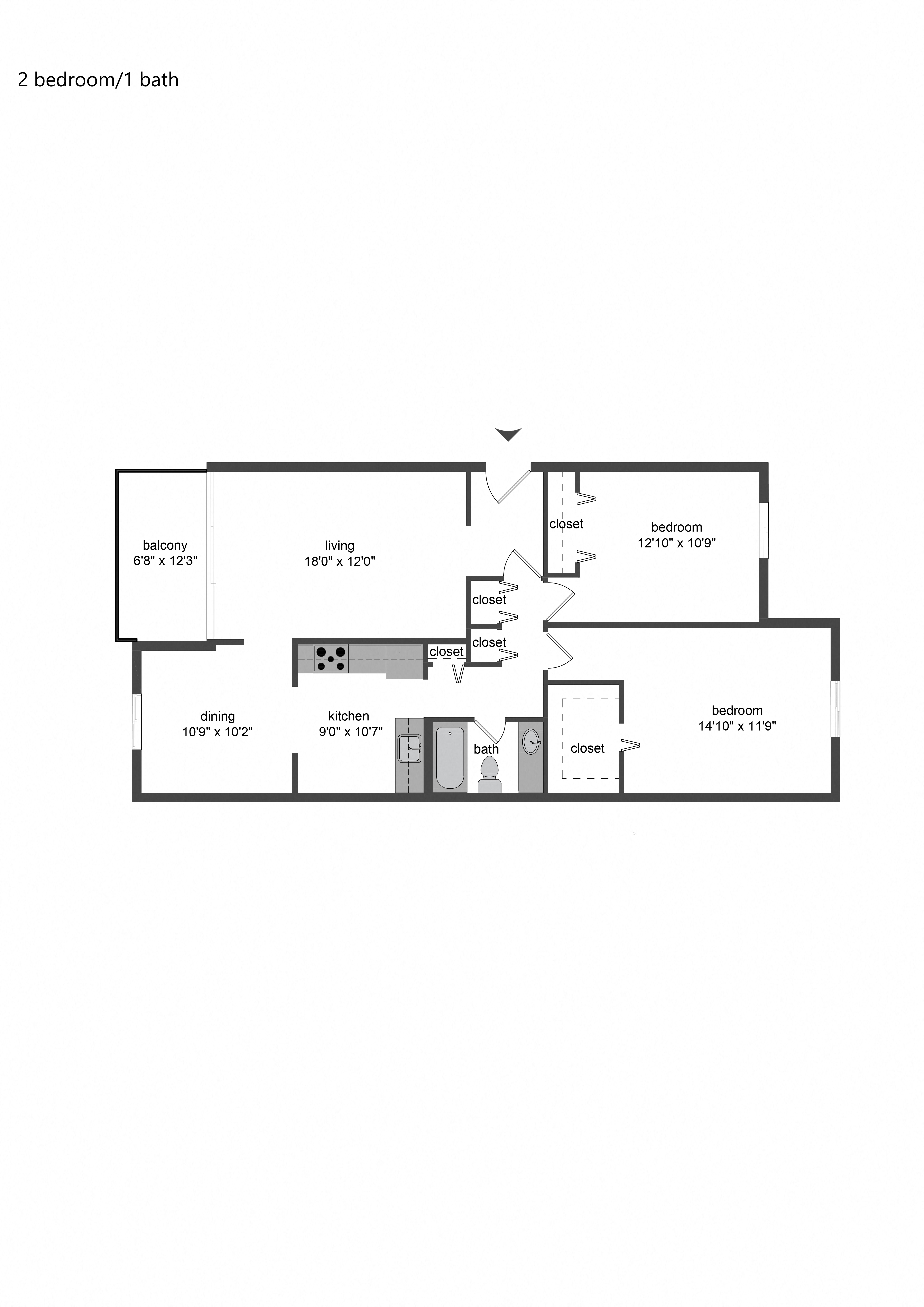 Floor plan for 2 beds, 1 bath, 1022 sqft